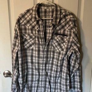 Snap front, grey/white plaid Guess brand, worn once, great condition